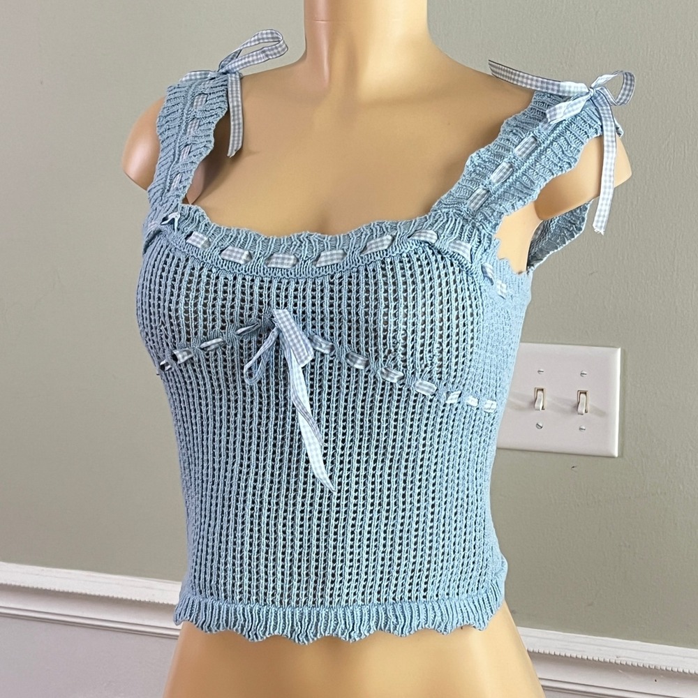 Lush Knit Tank Top Women Sz S Baby Blue Ribbon Bows Cottagecore Cropped - Picture 3 of 11